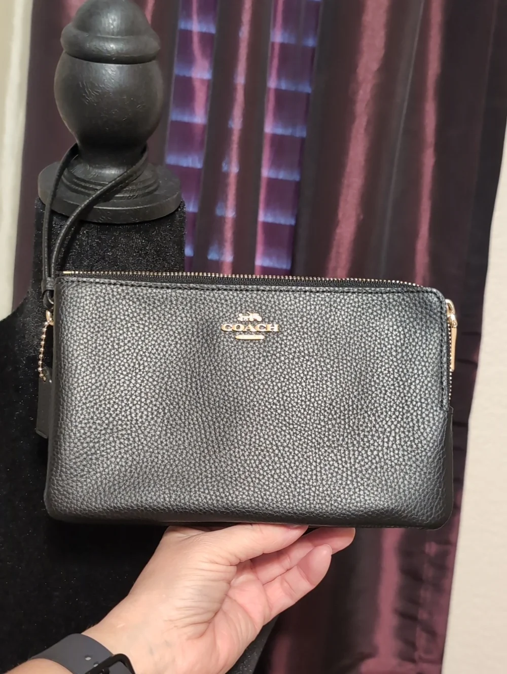 Coach Black Pebbled Leather Double Zip Wristlet with Gold Hardware 7
